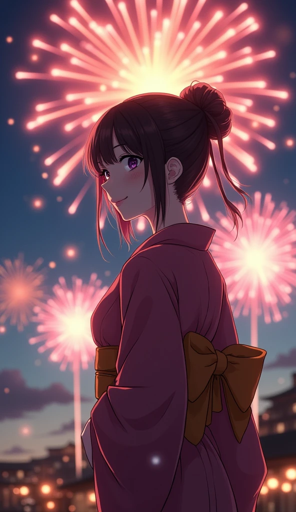 "(((One beautiful woman))), I, Masseter muscle area, Highest quality, Elegant anime style, Yukata outdoors, Spectacular Pyrotechnics, Star mine with a large number of fireworks, Shots from a distance, Backward view, Night view, A shy smile, Bokeh effect and depth of field, High Key Light"