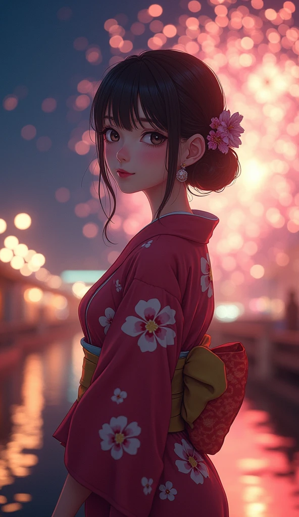 "(((One beautiful woman))), I, Masseter muscle area, Highest quality, Elegant anime style, Yukata outdoors, Spectacular Pyrotechnics, Star mine with a large number of fireworks, Shots from a distance, Backward view, Night view, A shy smile, Bokeh effect and depth of field, High Key Light"