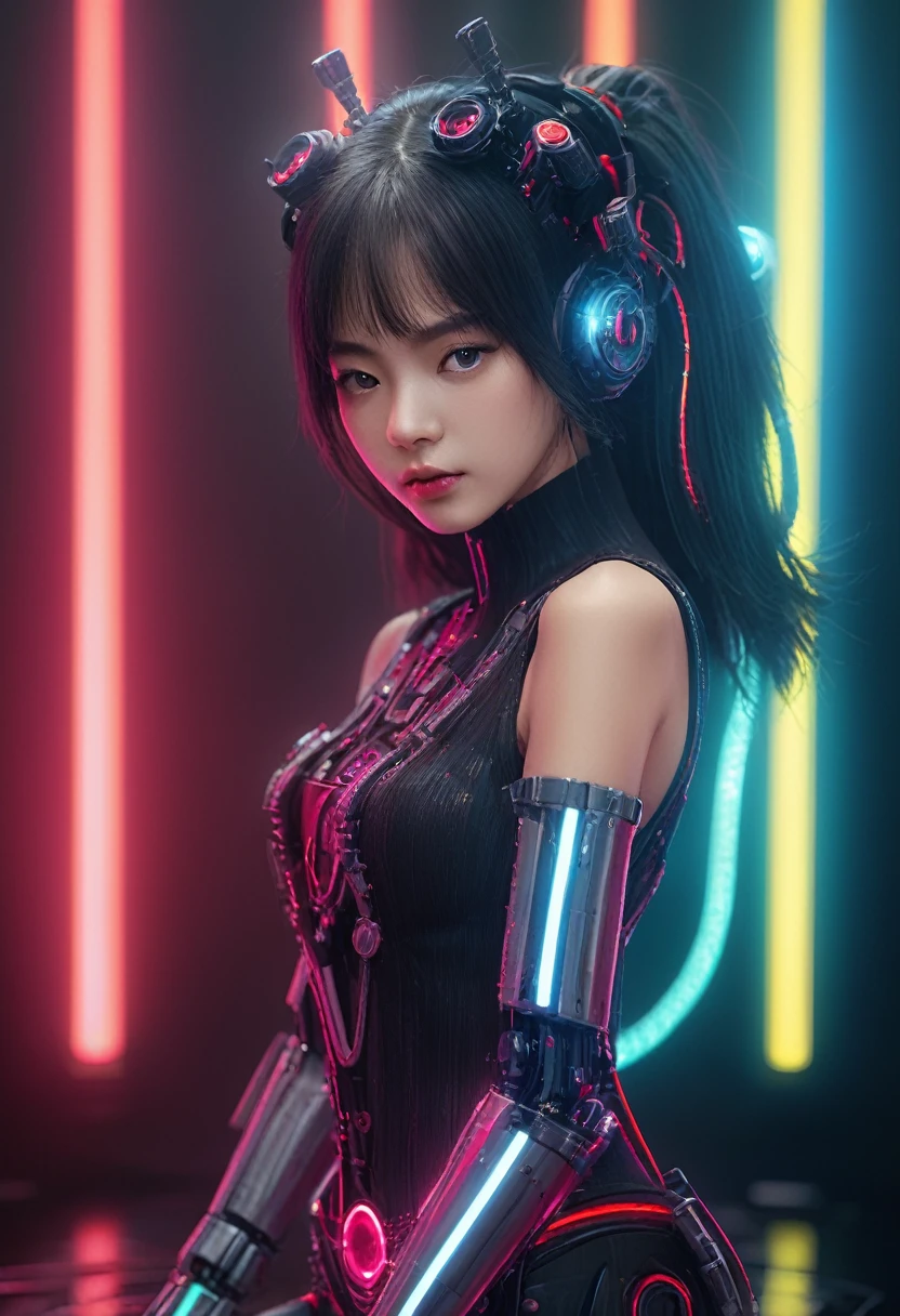 xxmixgirl. Highly detailed professional 35mm film, bokeh, face in sharp focus. A robotic female, Miku, with ((metal skin)), ((perfect Asian eyes)) with magenta irises and ((black pupils)), beautiful serious (detailed face), 18 year old ((photorealistic face)), very long magenta twin tails of magenta hair, twin black hair ties with a single red stripe. She may have a black audio headpiece. We can see her ((full body)) down to her boot soles. Her outfit is a sleeveless collared light grey shirt, outlined in red around the frilled collar and hems. Shiny reflective ((metallic breast cups, dimpleless)), invisible nipples. She wears black sleeves with red hems that start around her upper arm and bellow out as the sleeves open and extend to her wrists, with wide trumpet red rimmed cuffs. She has perfect robotic (detailed hands). She wears a red colored tie with two horizontal solid parallel black lines halfway across. She wears a fabric black skirt with a horizontal red hem at the bottom all the way around; her (((black skirt wraps around her))) and ((her skirt completely covers)) her robotic waist and thighs. Tall black boots with red bottom soles, a red rim around the top at her thighs. Her mechanical shoulder joints are visible. We can see her robotic legs and robotic neck. Half of her is covered with shiny polished machinery. The background is a distant dark neon futuristic Japanese city, gold, cyan, violet neon, near harbor or mountains.