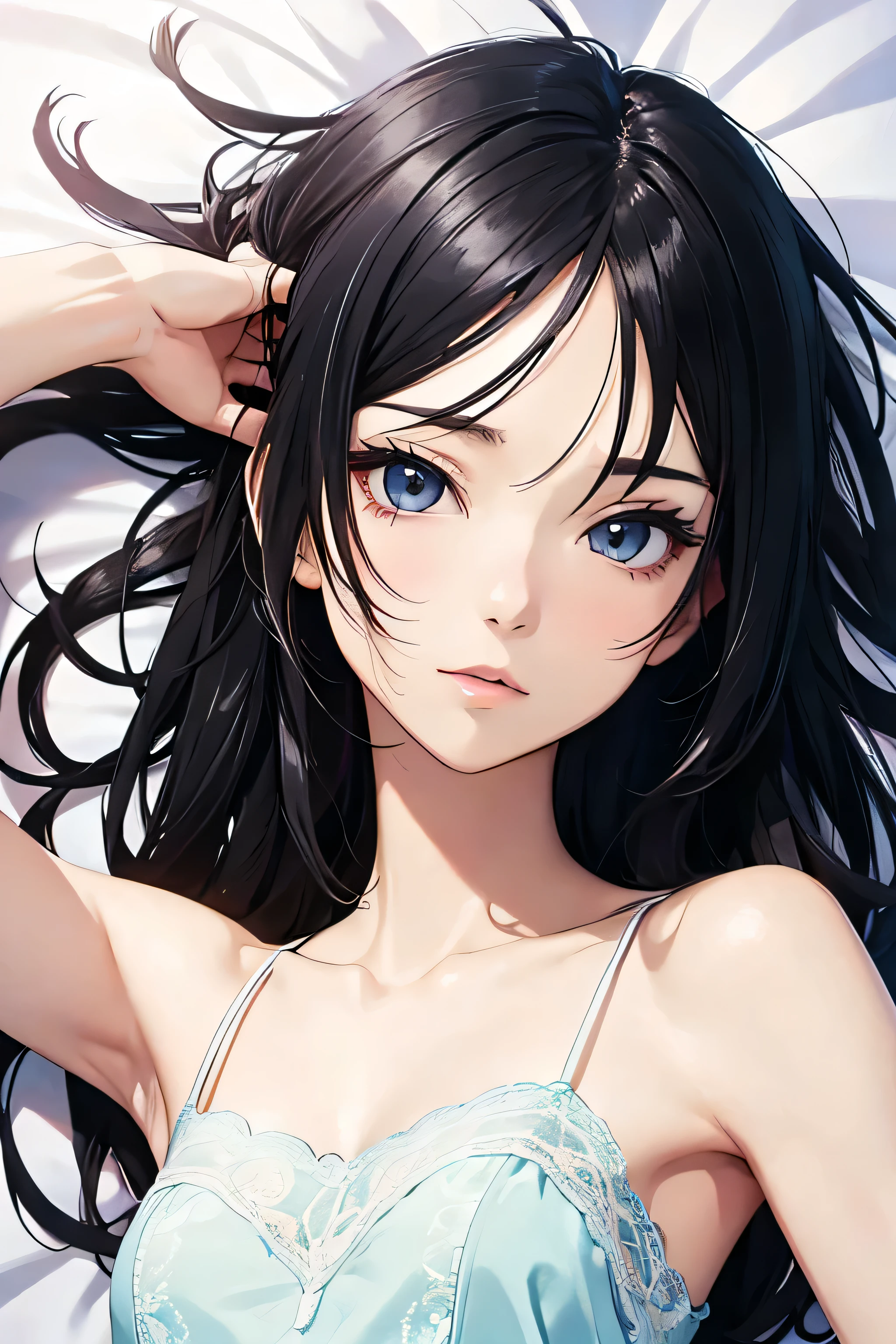 ((Highest quality)), ((2D)), (Anime Style), Perfect Face,,Beautiful Face,Fine skin,bed,Small breasts,Thin arms,Skinny,Lace camisole,Black Hair