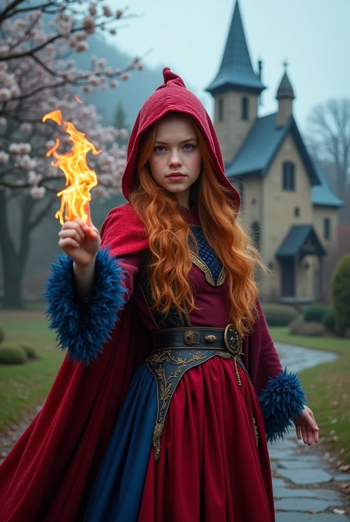 a masterpiece photograph of a twenty-five-year-old magician ginger girl combining Peruvian Nigerian and Finnish features with the eyes of Luna Lovegood and the face shape of Mia Wasikowska, dressed in a red and blue magic open costume with a hood, makes a fireball in a dynamic full-length pose against the background of a picturesque and blooming orc village, concentration, cold atmosphere and bizarrely matching colors