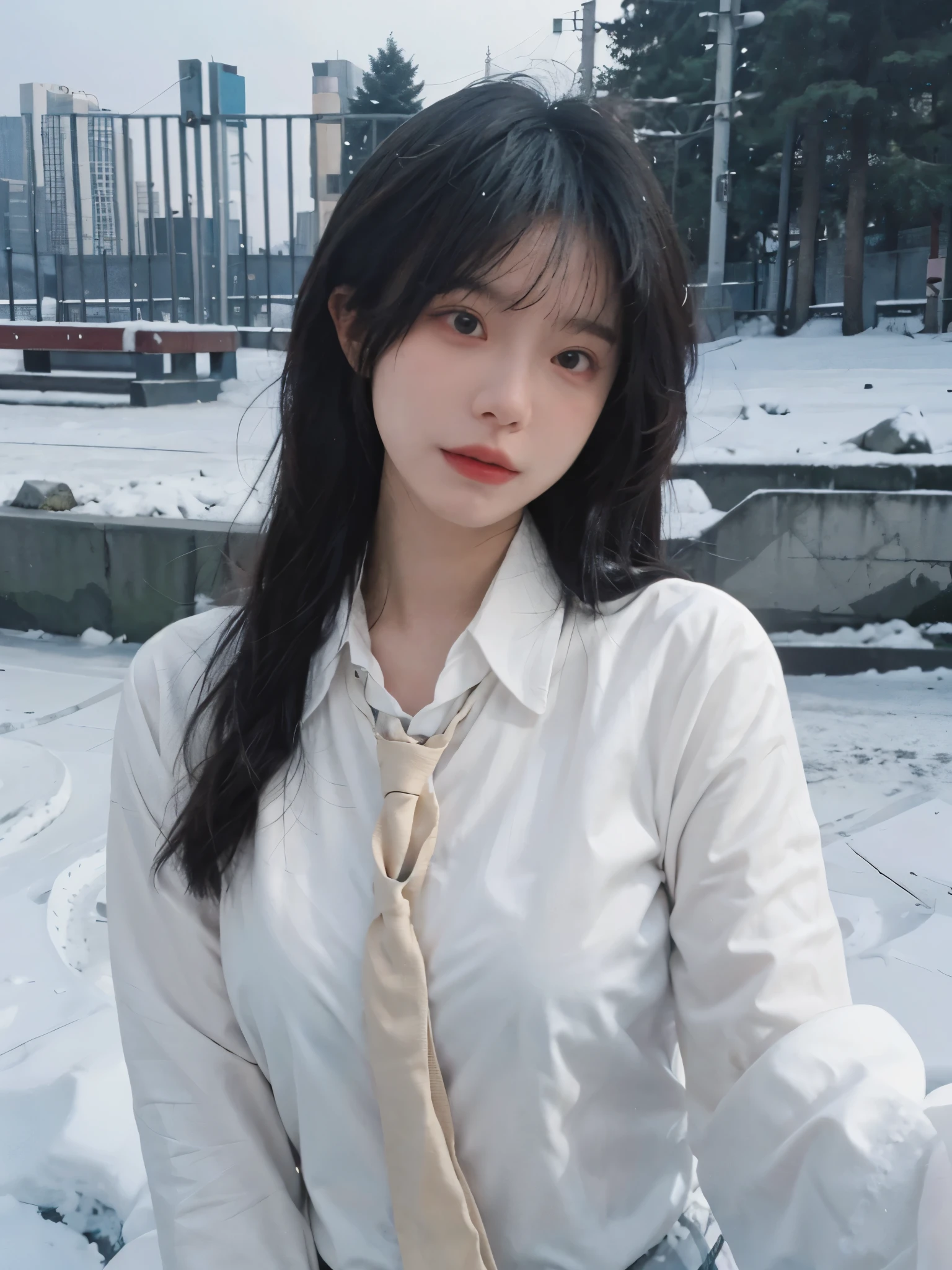 Best quality,masterpiece,Ultra-high resolution,snow,16K,Snow background,(Photo Realism:1.4),1 Girl,JK,Sexy,(Shirt and Tie:1.2),(Big breasts:1.3),(Upper body:1.4)