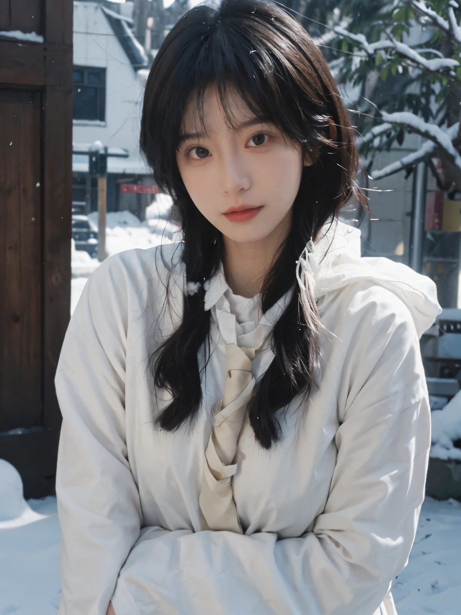 Best quality,masterpiece,Ultra-high resolution,snow,16K,Snow background,(Photo Realism:1.4),1 Girl,JK,y,(Shirt and Tie:1.2),(Big3),(Upper body:1.4)