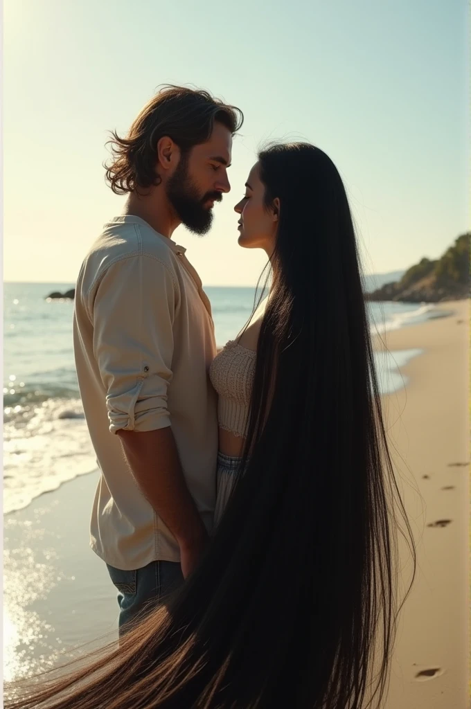 40 year old bearded man, woman with 25 very long hair, smooth and black, at beach