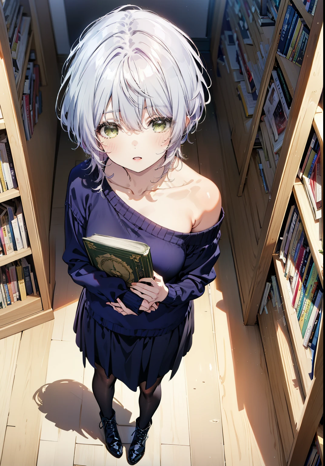 fuukakikuchi, fuuka kikuchi, short hair, bangs, Hair between the eyes, (Green Eyes:1.3),smile,Open your mouth,Grey Hair,One-shoulder sweater,Long skirt,Black pantyhose,short boots,Holding a book in both arms,Bookshelf,There are many books piled up on the table,whole bodyがイラストに入るように,
break indoors, figure書館,
break looking at viewer,whole body,
break (masterpiece:1.2), Highest quality, High resolution, unity 8k wallpaper, (figure:0.8), (Beautiful attention to detail:1.6), Highly detailed face, Perfect lighting, Highly detailed CG, (Perfect hands, Perfect Anatomy),