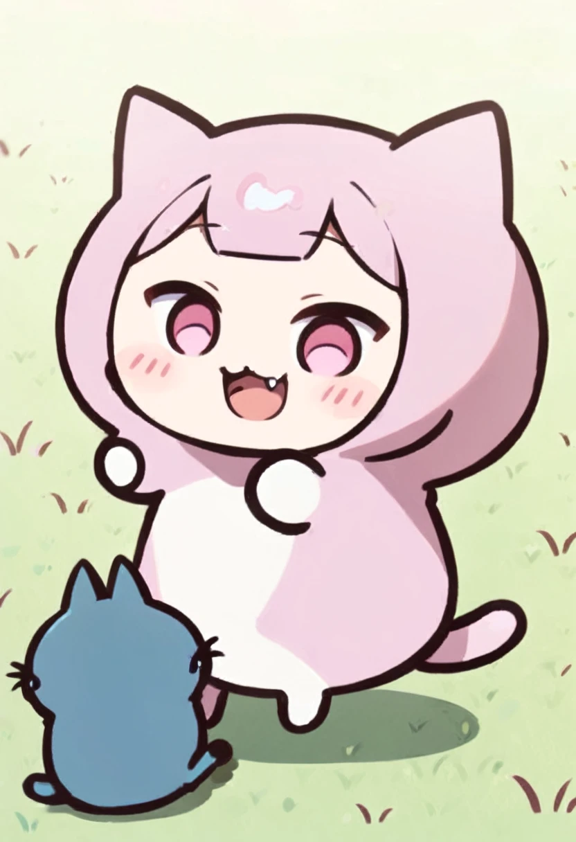 (((tkw))), (cat), solo, Full body shot, 2D, kawaii, chibi, smile, outdoors, field, tail, open mouth, big fang
