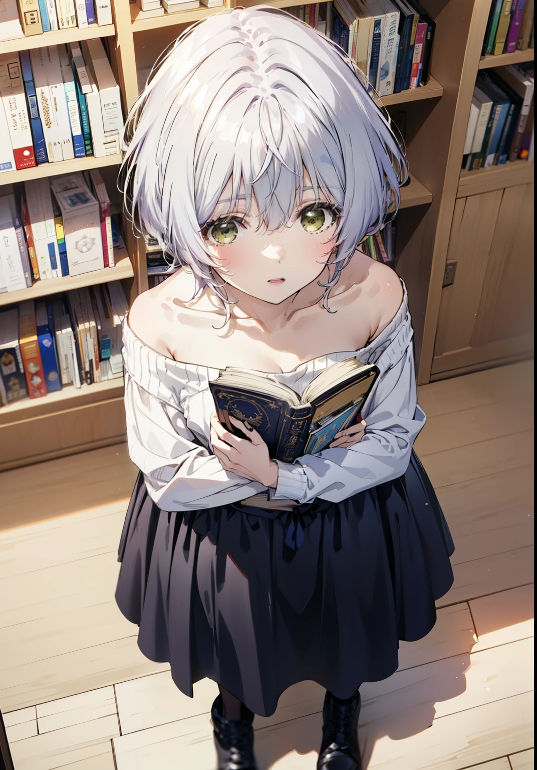 fuukakikuchi, fuuka kikuchi, short hair, bangs, Hair between the eyes, (Green Eyes:1.3),smile,Open your mouth,Grey Hair,One-shoulder sweater,Long skirt,Black pantyhose,short boots,Holding a book in both arms,Bookshelf,There are many books piled up on the table,whole bodyがイラストに入るように,
break indoors, figure書館,
break looking at viewer,whole body,
break (masterpiece:1.2), Highest quality, High resolution, unity 8k wallpaper, (figure:0.8), (Beautiful attention to detail:1.6), Highly detailed face, Perfect lighting, Highly detailed CG, (Perfect hands, Perfect ???????),