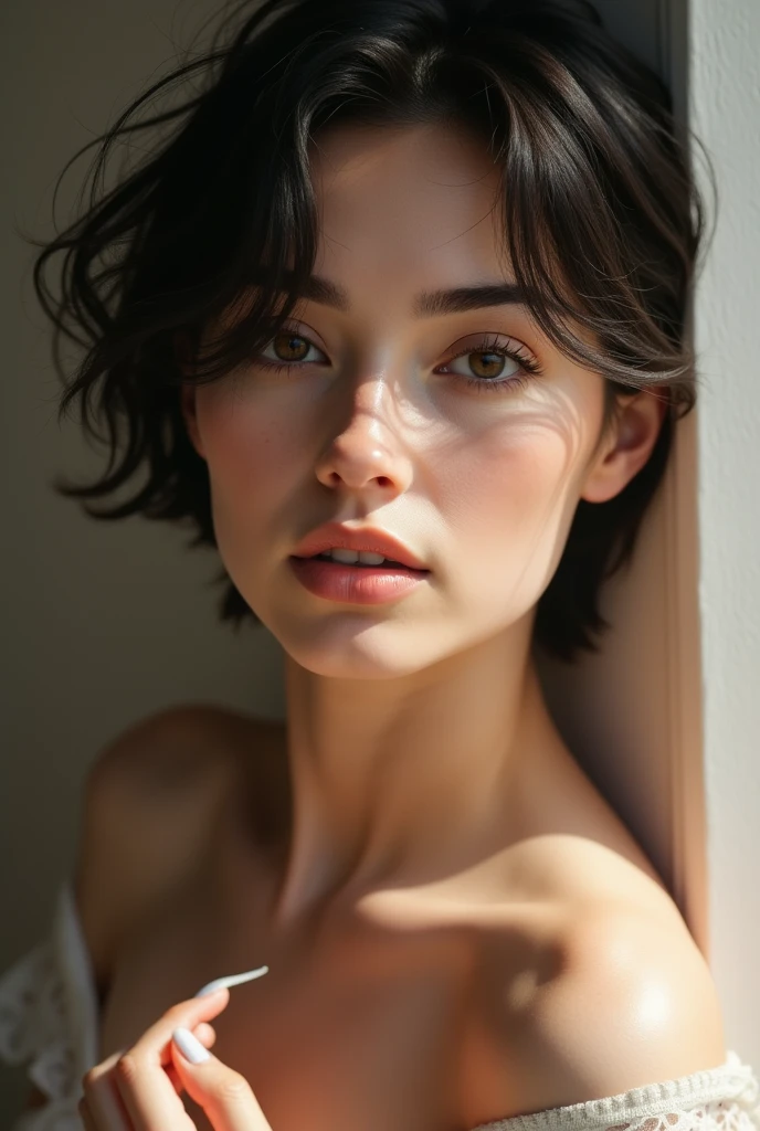 A woman's face , skin fair, clear eyes, shorth hair, very seductive and attractive face