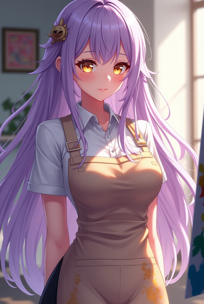 a beautiful girl, long soft lilac hair, amber eyes, big breasts, Estilo Genshin Impact, anime, Art teacher, teacher attire, paint stained apron, calm and smiling expression, yellow eyes 