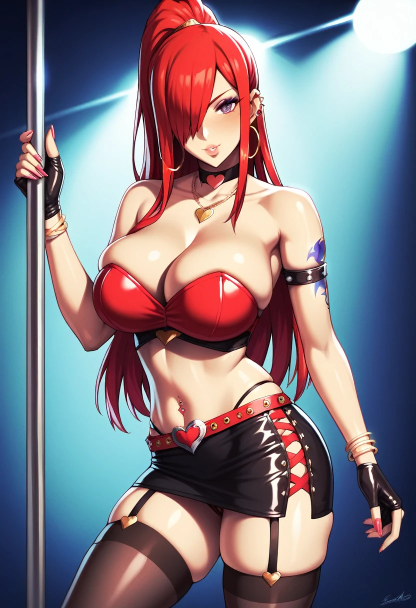 Erza, red hair, ponytail, navel, strapless red crop top, tight black mini skirt, latex black skirt with straps and cutouts, red heart belt, skindentation, black thighhighs, lace thong, fingerless gloves, collarbone, 1girl, bare shoulders, midriff, cleavage, hair over one eye, huge breasts, wide hips, bursting breasts, long hair, animerza, looking at viewer, puckered lips, purple eyes, masterpiece, best quality, room, big breasts, cleavage, blush, multiple hoop bracelets on both arms, pink hoop earrings, heart necklace, naval heart piercing, upper arm bands, heart choker, slut tattoo, pole, posing on pole, skin lights, on stage, skin curtains background,