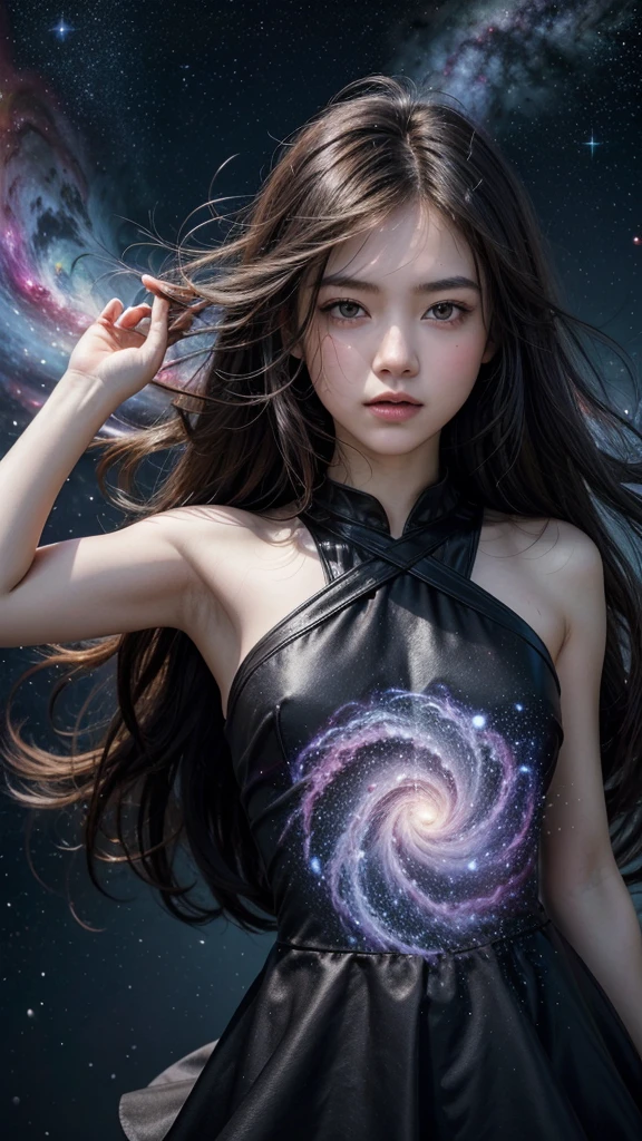 (best quality, masterpiece), 1girl, pose, particle, wind, flower, upper body, simple background, looking at viewer, black wildly hair, cosmic, nebulas, galaxy