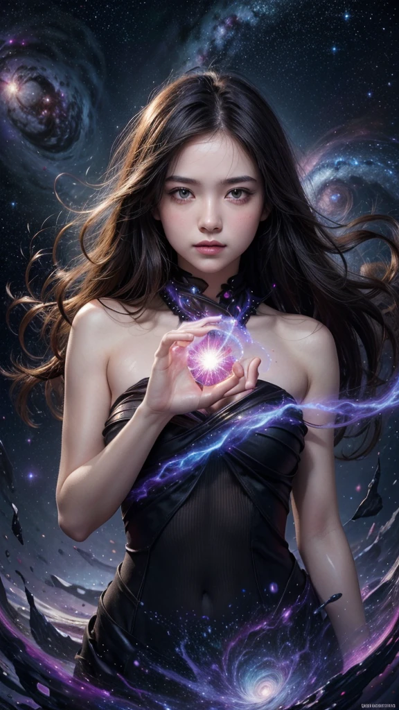 **Description for Cover:**
"Portray the dramatic moment in which the Co-creator, a female figure of fluid and ethereal energy, is at the epicenter of the creation of the universe. Show the colossal cosmic explosion, similar ao Big Bang, with a torrent of lights and energy radiating out. The Co-Creator must be a female entity with a fluid and luminous form., appearing to be made of pure light and energy that twists and dissolves.
His expression must be a mixture of horror and effort., highlighting his struggle to control the primordial force of the explosion. Detail how your fluidic form fragments and is pulled into the created vortex, symbolizing the failure to contain chaos and the inevitable fall into its own creation. Show the distortion and stretching of its shape as it is absorbed into the vortex.
The explosion around it must be intense and chaotic, with an explosion of bright, contrasting colors like blue, purple, red and gold, reflecting the magnitude and tumult of the event. Highlight the turbulent energy and light waves spreading through space.
Include details of the vortex in the center of the scene, showing the Co-creator being slowly sucked in, as the energy around you increases in intensity. The cover should capture the feeling of a cataclysmic event and the profound transformation of the Co-Creator, with a visual representation that combines drama and complexity."