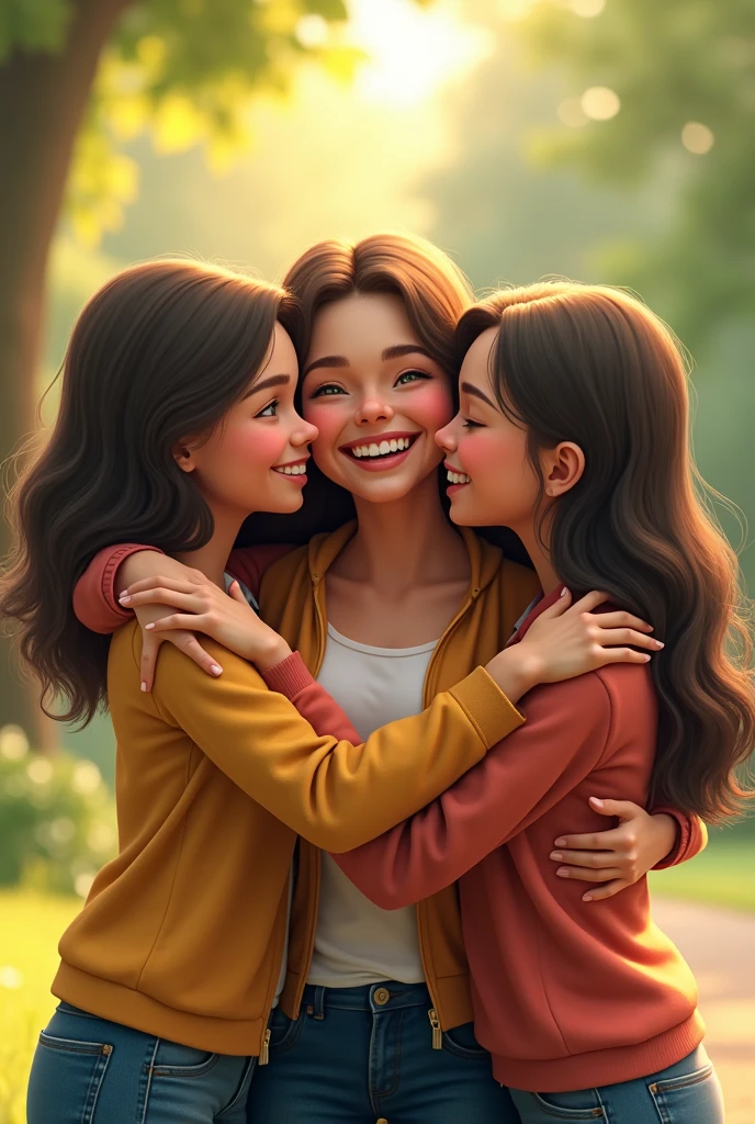  3 friends hugging each other by the shoulders 