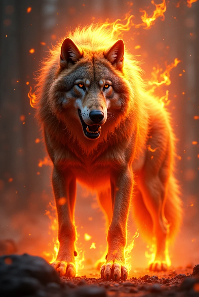 Wolf with red and gold colors and fire around it. Realistic style 