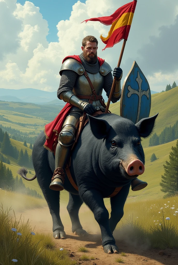 Man rides black pig with old azure blue French shield in one hand and red and yellow pennant in the other
