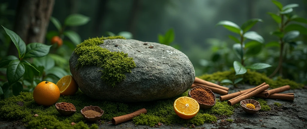 on a rock with moss, bergamot, patchouli and cinnamon behind with dark light