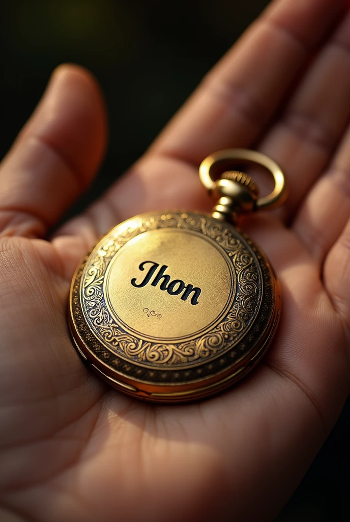 antique pocket watch, payment, with engraved gold letters that say Jhon