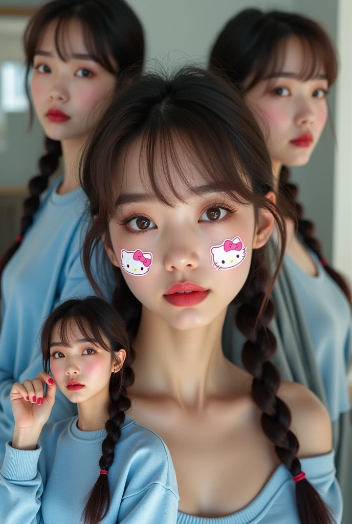(photorealism:1.2), Create a realistic portrait of a young woman with a playful and expressive demeanor. She has a medium complexion and straight, dark brown hair with bangs that frame her forehead. Her eyes are slightly rounded, giving her a youthful appearance, and she often uses subtle makeup, including soft pink or red lipstick. The first image shows her with Hello Kitty stickers across her face, adding a playful touch to her look. In the second image, she has her hair styled in two braids, wearing a casual blue sweatshirt, and displaying a thoughtful expression with her hand resting on her cheek. The third image shows her taking a mirror selfie, partially covering her face with her phone, while dressed in casual clothes, including a crop top and a light jacket. The overall mood should be casual, youthful, and expressive, reflecting her vibrant and creative personality. She is naked