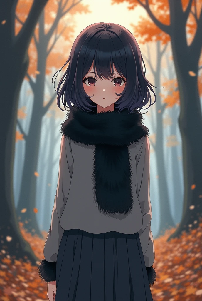 anime, , black fur, by the wide, gray clothes autumn forest background