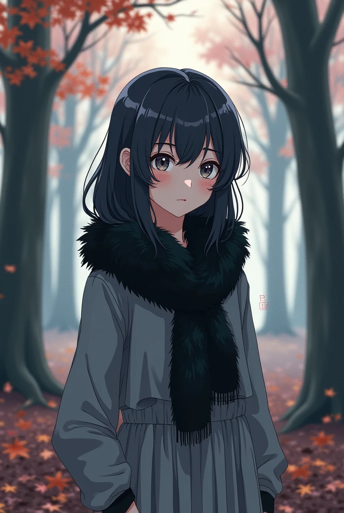 anime, girl, black fur, by the wide, gray clothes autumn forest background