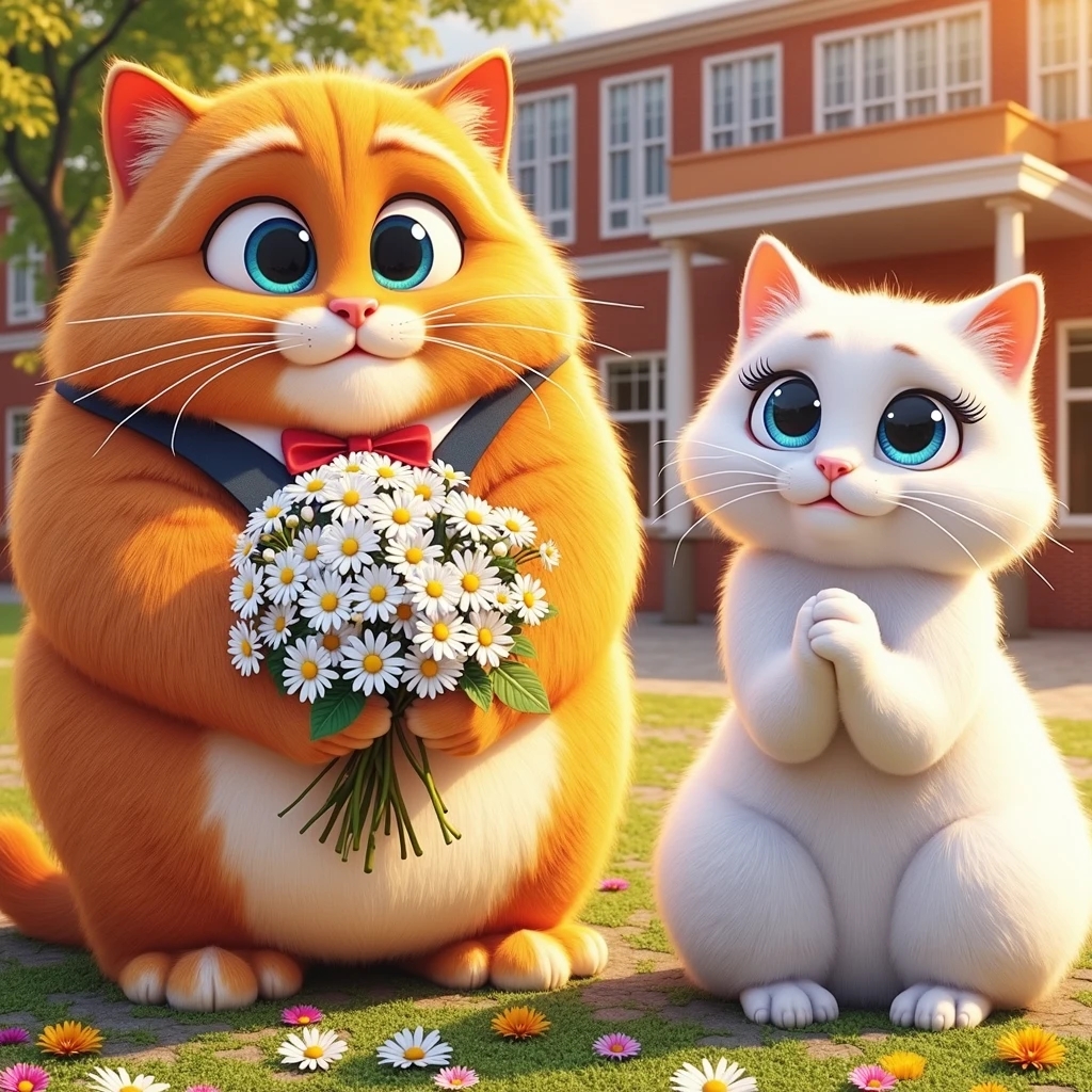 Aicat, an orange, chubby cat with a bouquet of daisies, nervously asks Snowbell, an elegant white cat with bright blue eyes, to the prom in a sunny school courtyard with blooming flowers. Ensure Aicat's orange fur and chubby build are clearly visible.