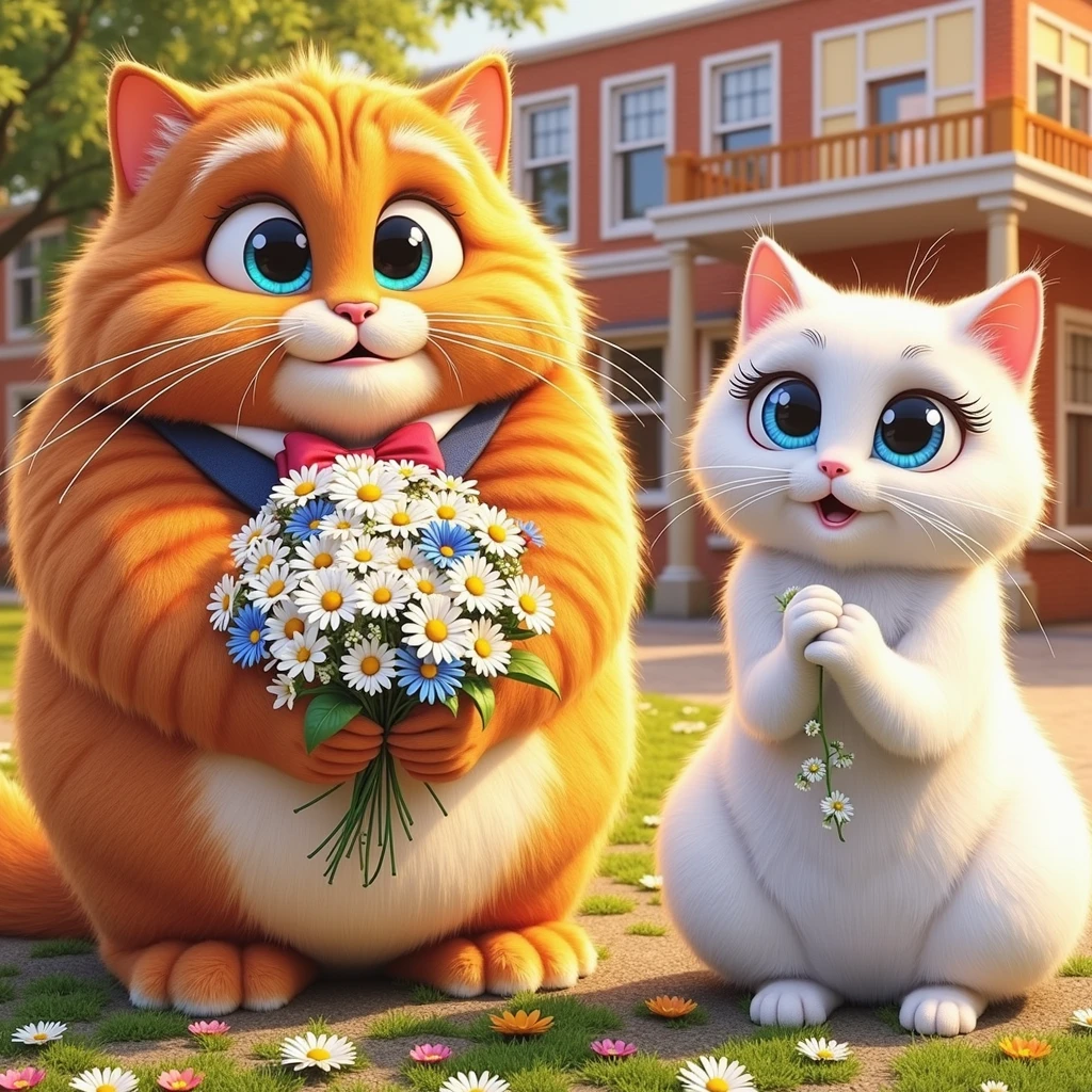 Aicat, an orange, chubby cat with a bouquet of daisies, nervously asks Snowbell, an elegant white cat with bright blue eyes, to the prom in a sunny school courtyard with blooming flowers. Ensure Aicat's orange fur and chubby build are clearly visible.