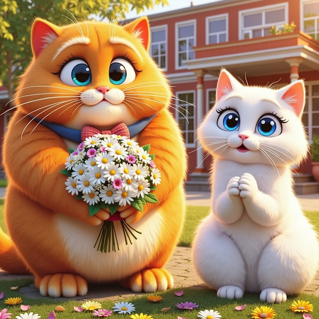 Aicat, an orange, chubby cat with a bouquet of daisies, nervously asks Snowbell, an elegant white cat with bright blue eyes, to the prom in a sunny school courtyard with blooming flowers. Ensure Aicat's orange fur and chubby build are clearly visible.