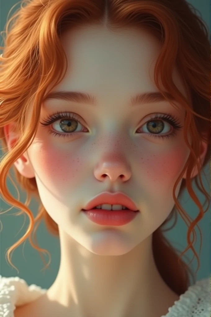 Perfect woman, round eyes, medium nose, oval face, round cheeks, round chin, light red hair