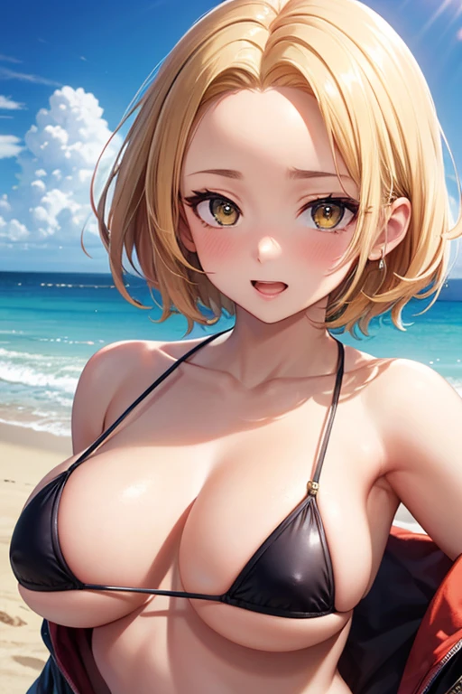 One Woman, Highest quality, masterpiece, Super Resolution, super high quality, Large Breasts, Idol, Beauty, ((From the front 1.2)), Cleavage, 8k, High resolution eyes, High-resolution contours, ((Forehead visible 1.3)), Stylish, High-resolution pupils, blush, High resolution face, High resolution breasts, Ultra HD, Open your mouth, Upper Body, High resolution mouth, Sexy body, ((Super cool face 1.5)), ((Hanging 1.6)), Broken bangs, Yellow Eyes, model, Mature Woman, Adult women, Beautiful clavicle, High resolution hair, Mother, maternal, Underboob, Sideboob, Married Woman, couple, super beautiful, Charm, Alluring, Open your mouth, Blonde, short hair, Micro Bikini, Beach, Textured skin, Textured Breasts,