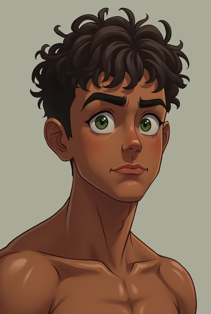 A young brown man with freckles on his face, serious expression, green eyes and short curly hair, com physique defined and male of no maximum