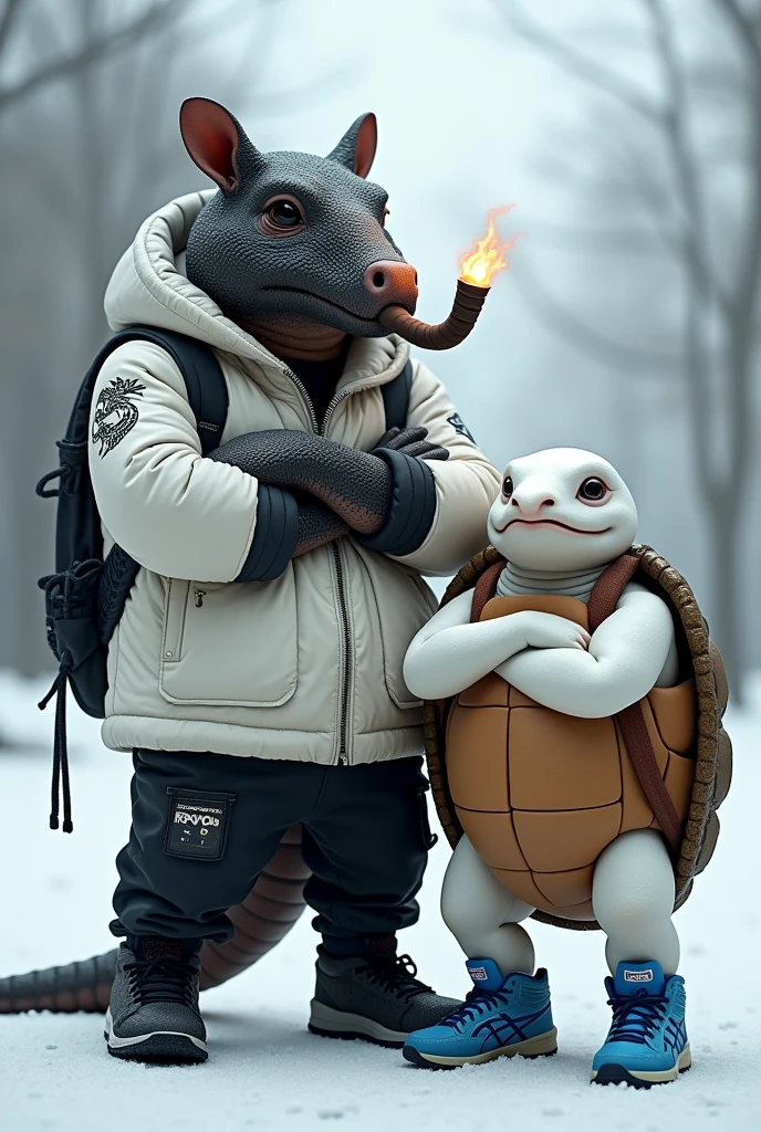 An armadillo with black scale-textured skin wearing black running shoes, in gangster style with a lit pipe in his mouth and a white snowboard jacket with a dragon symbol. Beside him is a white turtle wearing blue running shoes.. The two are standing with their arms crossed in the snow. The armadillo and the turtle are around 2 meters tall and the sneakers are from ASICS.