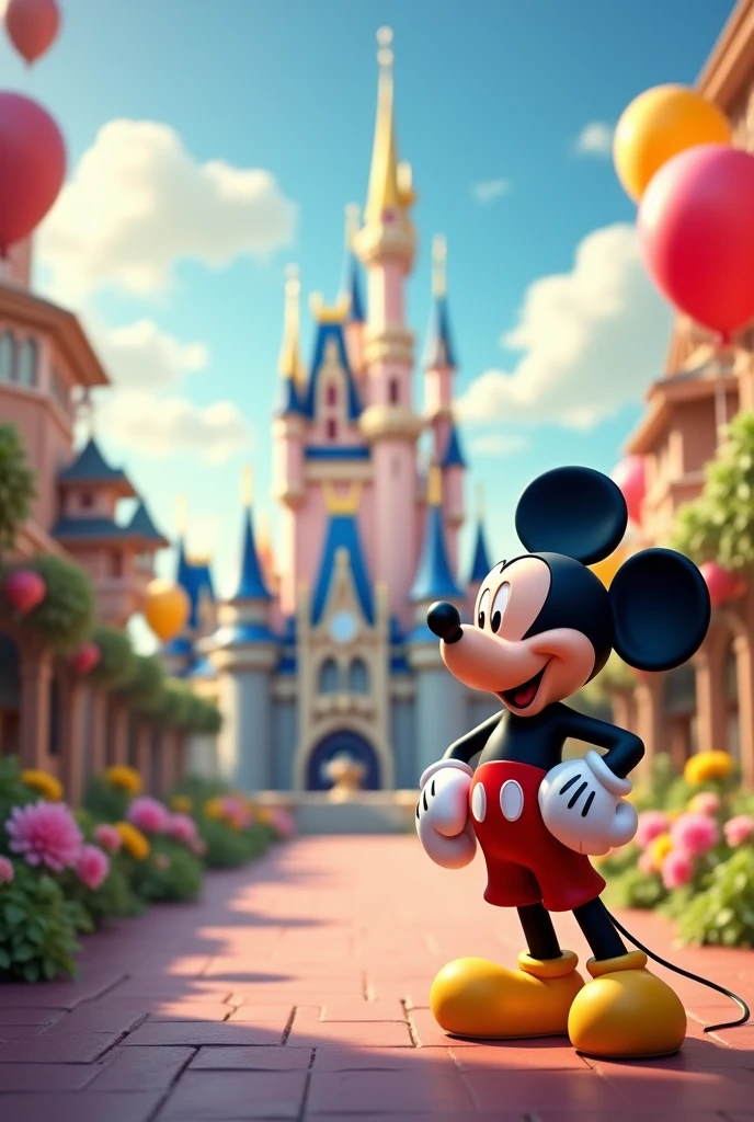  Can you generate a background for a Disney photomontage with Mickey on the right side and a castle in the background? 