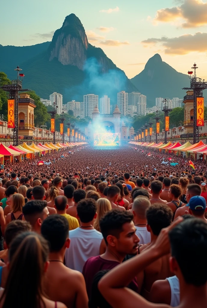 Create a slogan with this theme:
Rock in Rio the Culture of the World, the Soul of the Brazilian.
In the background, the city of Rio de Janeiro on top of this hill and popular mansions with a crowd looking forward