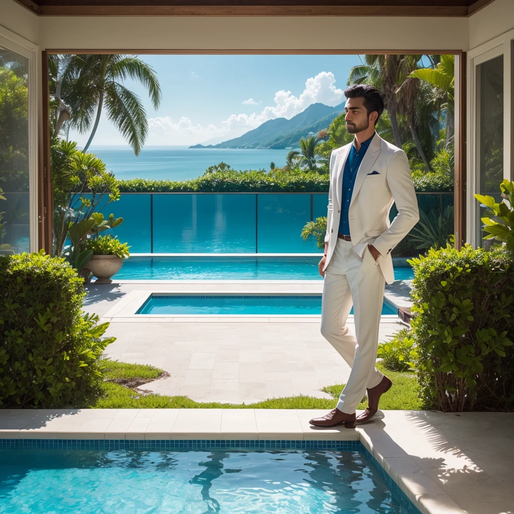 Create a highly detailed and super realistic photo of a man it t-short and panth standing near a swimming pool in an exotic villa. The villa is designed with luxurious surroundings, featuring expansive floor-to-ceiling windows, elegant architecture, and a stunning view of the ocean or lush greenery. The man, dressed in stylish resort wear, stands at the edge of the pool, gazing out at the serene landscape. The image should capture the essence of a high-end retreat, with vibrant colors, detailed reflections in the water, and warm, natural lighting that enhances the overall tranquility and luxury of the scene.