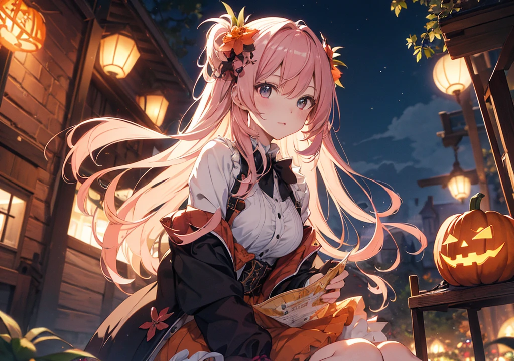 Realistic photos, Focus distance 10mm, Red and white, Beautiful girl, Realistic photos, Shooting at focus distance 10mm, masterpiece, 最high quality, high quality, Very detailed CG 8k wallpaper unit, Award-winning photography, Depth of written boundary, High resolution, bloom, chromatic aberration, Realistic, Very detailed, Art Station Trends, CGsociety Trends, Complex, High detail, dramatic, Art on the go, volumetric lighting, A pink-haired girl prepares for Halloween festivities surrounded by pumpkin lanterns in a Disney-style garden. A full moon shines with magical lights in the background