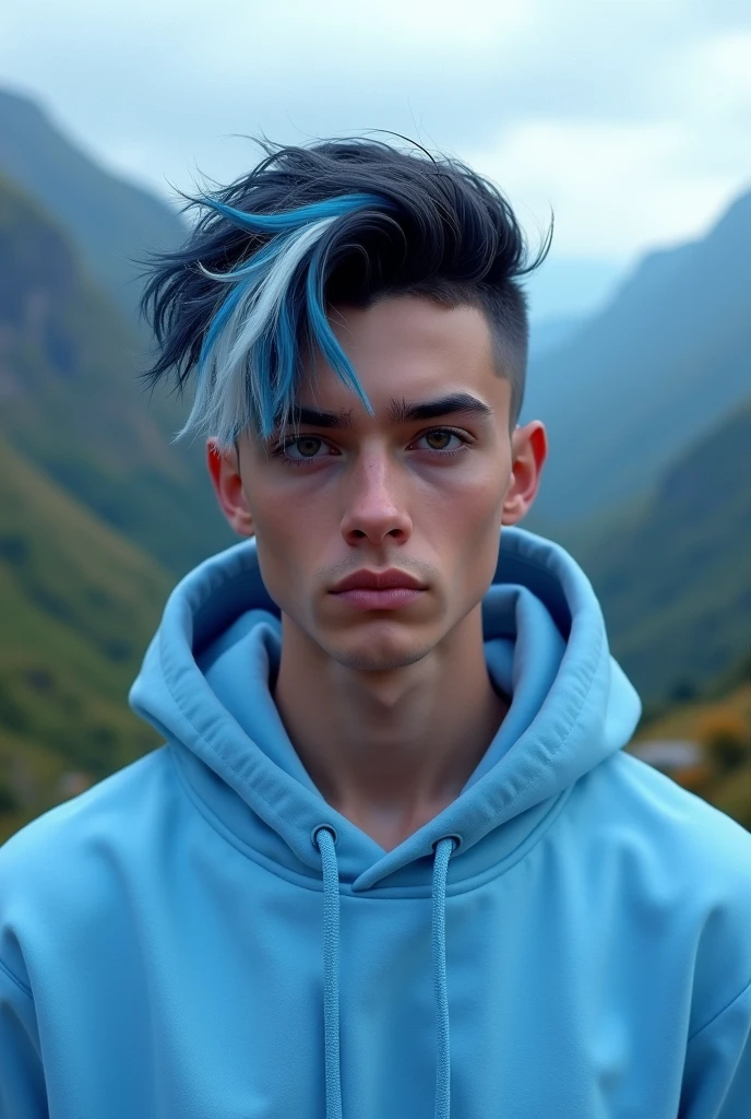 A discord profile picture of a guy with black hair with a white and blue streak and a light blue hoodie with black eyes with a hood with low fade hair with a 4k valley background