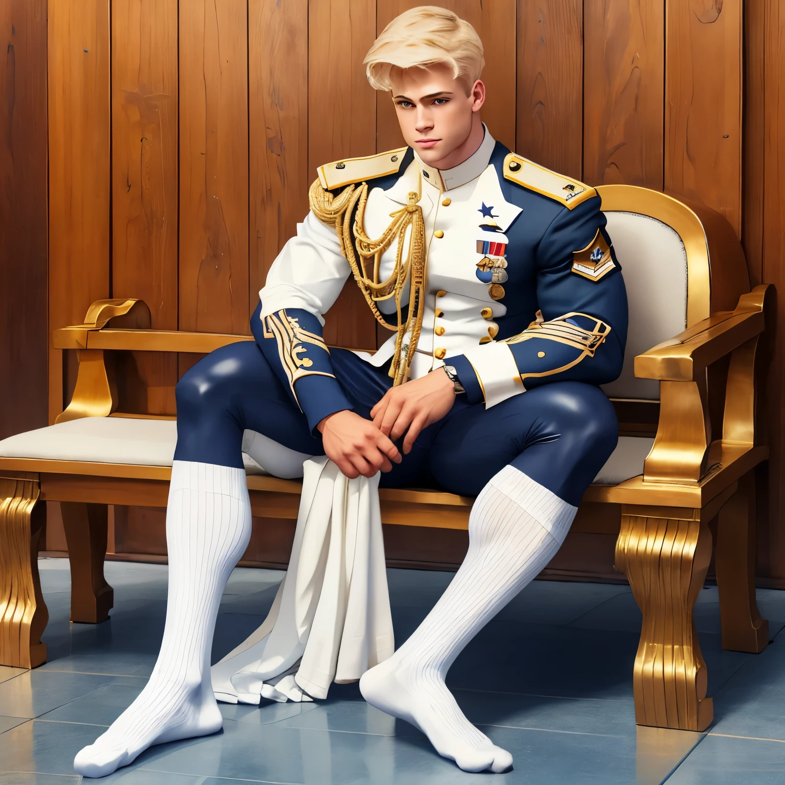 full view full body, one elite military school white blonde guy with military haircut, in navy-blue and gold leather uniform, navy-blue and gold leather shorts, long high white socks, shoes off, ancient gold signet ring, slim muscle, sitting in his long white socks on wooden bench in royal stables showing off his white socked feet, HQ photo