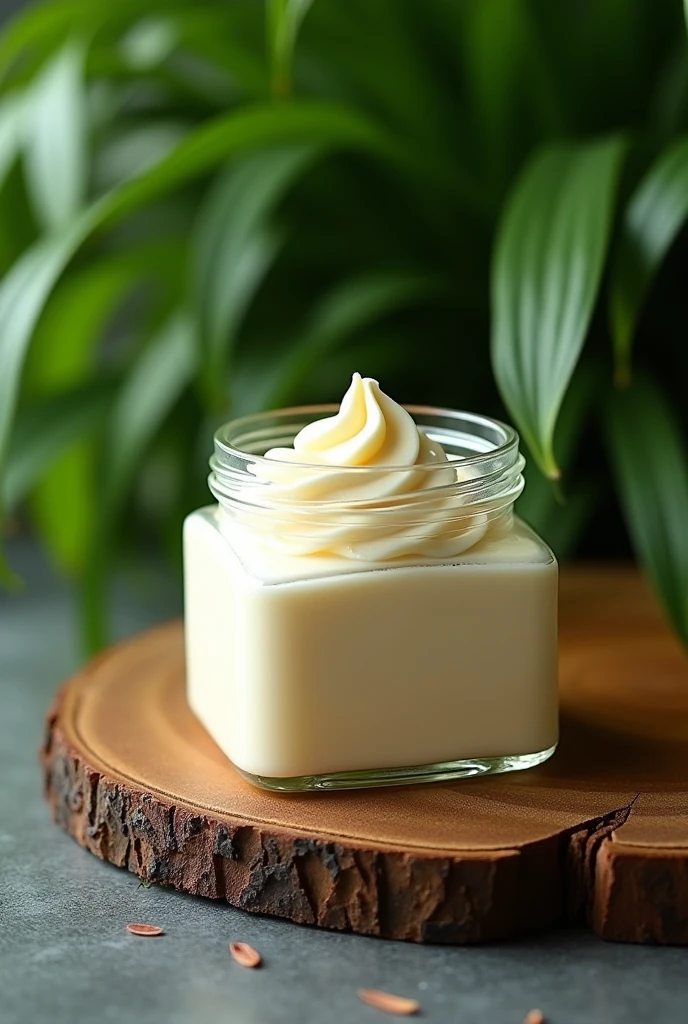 A smooth mousse dessert inside the plastic jar in those 220 ml square jar cake jars with the lid closed and that has a green plant background, The mousse pot will be on top of a wooden board 