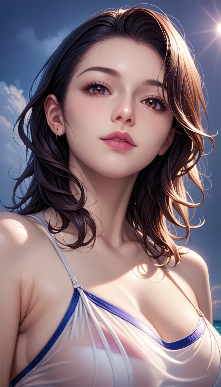 score_9, score_8_superior, score_7_superior, High resolution 3D anime style,A masterpiece in 32K resolution,Highest quality,it is really amazing,Very detailed,Ultra-high resolution,Ultra-realistic,Realistic,Increased depth of field,Cinematic lighting,
(Sexy mature Japan woman:1.2),
(black straight medium hair:1.1),(Ultra-detailed and beautiful face:1.1),(Calm and gentle look:1.1),Beautiful brown eyes,Translucent white skin,Realistic skin texture,Great proportions,
Elegant swimwear,
Summery design,Chic color scheme,Beautiful and delicate decoration,Detailed fabric texture,
(Dark overcast sky on a dull night:1.1),(Dark clouds filling the sky:1),(Thundercloud:1),Coastline at night,Stormy seas,(delay々A desolate sandy beach that continues:1),
dramatic,Low - Angle,
