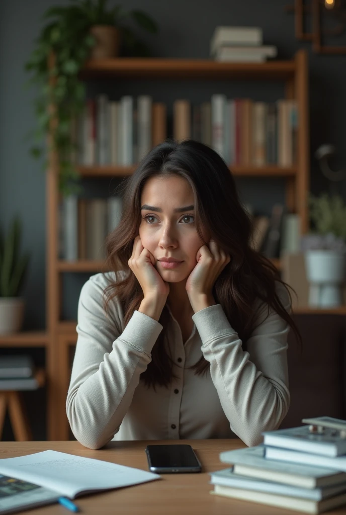 Make me an image for my course on how to be more productive without using a cell phone during your day to day life. Make me someone who seems like social media is getting in the way of her life and make it as if she were looking for help.