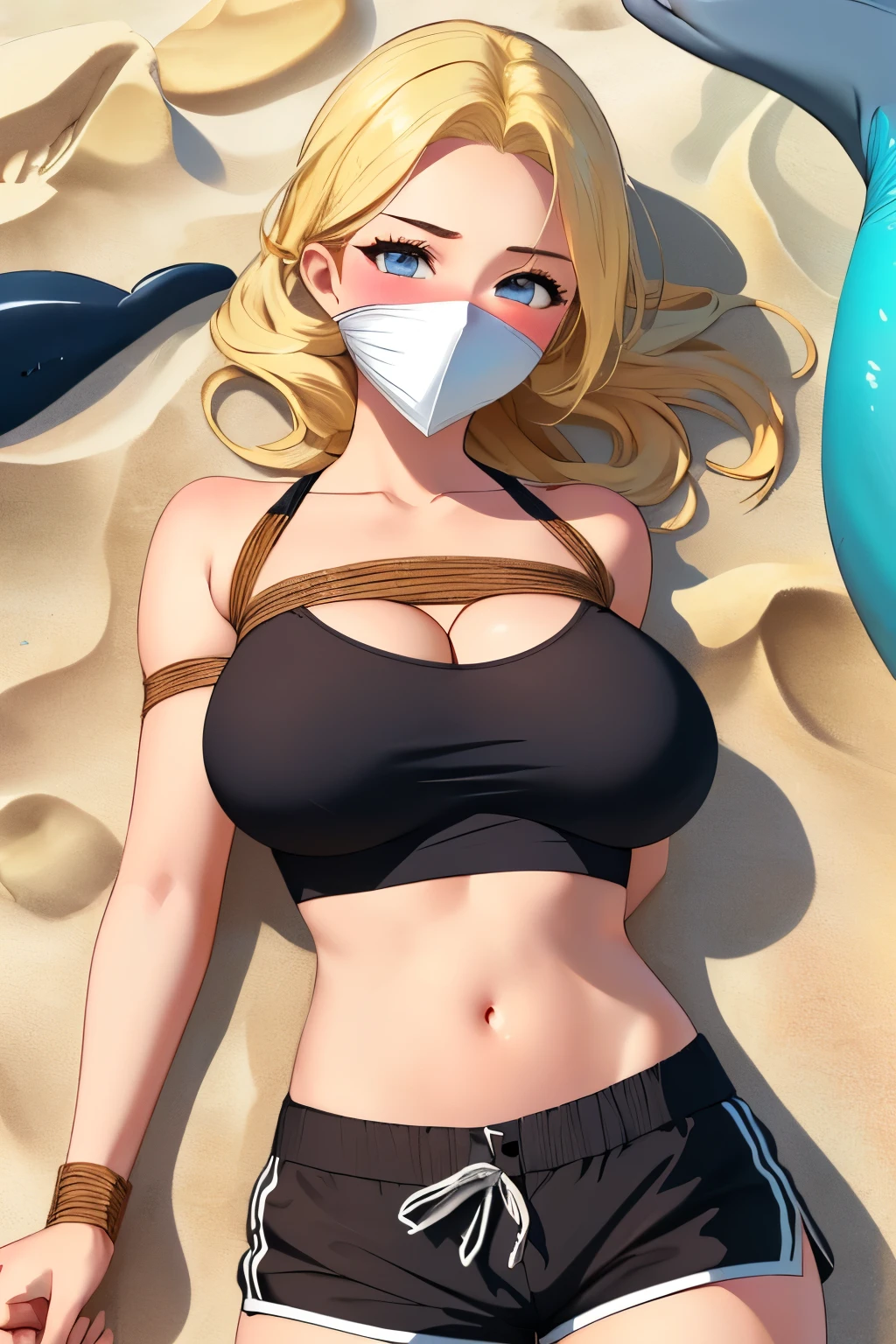 1 girls, (detailed light blue eyes, lange wimpern, detailed beautiful face:1.2), 4k quality, (Long blonde hair:1.5), (arms behind back:1.3), (big breasts:1.6), (blushing:1.3), long hair, middle parting, (black and White Dolphin shorts, loose White crop top barely hanging over the chest, 18 years old:1.5), (bondage:1.3), pralle Brüste, OTN, White Gag, gagged, (liegend:1.7), (laying in the sand on a beach near the water:1.6)