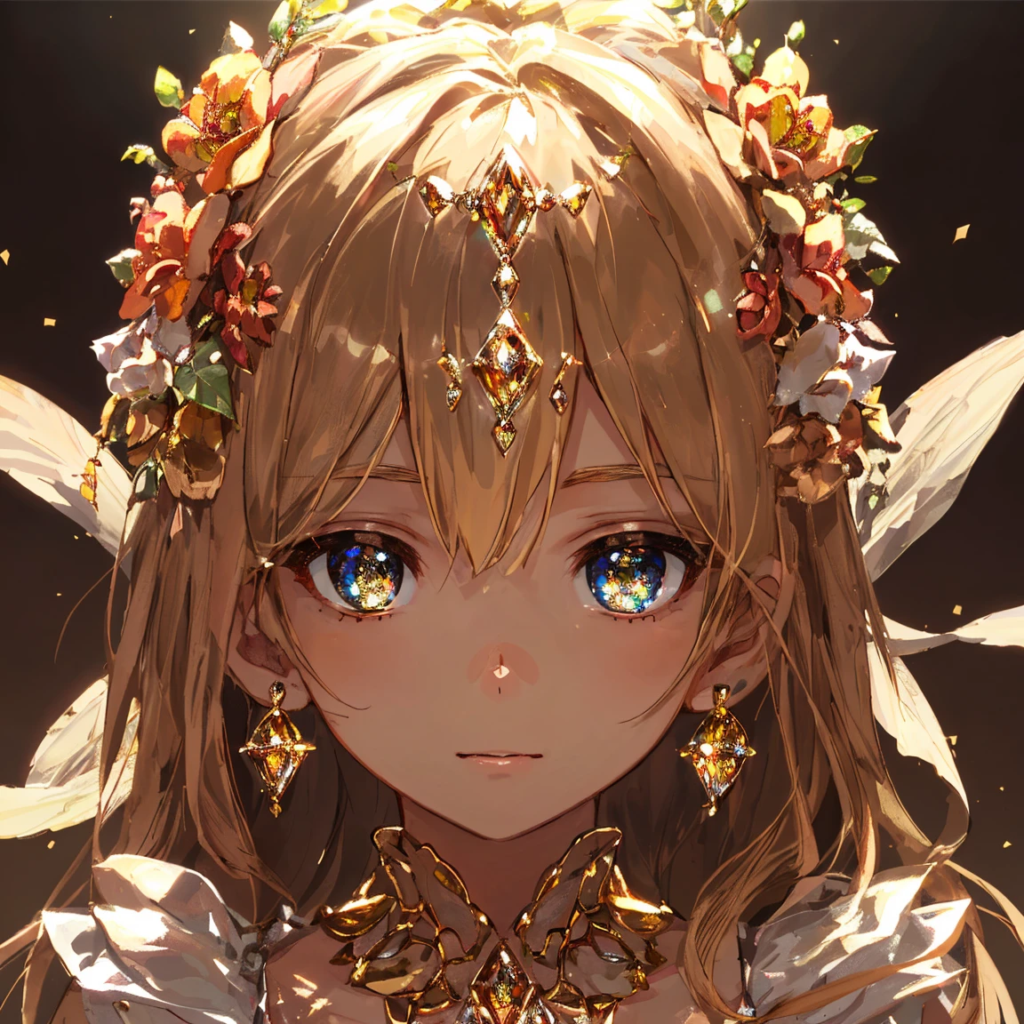 1 girl masterpiece, highest quality, shape, brown diamond eyes and hair, brown diamond earrings, brown diamond necklace, soil, earth fairy, cute, (dynamic lighting:1.2), cinematic lighting, delicate features, fine eyes, sharp pupils, realistic student, written boundary depth, Bokeh, sharp focus, (very detailed, bloom, shine:1.4), lots of little gems