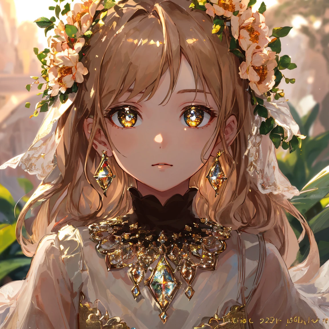 1 girl masterpiece, highest quality, shape, brown diamond eyes and hair, brown diamond earrings, brown diamond necklace, soil, earth fairy, cute, (dynamic lighting:1.2), cinematic lighting, delicate features, fine eyes, sharp pupils, realistic student, written boundary depth, Bokeh, sharp focus, (very detailed, bloom, shine:1.4), lots of little gems