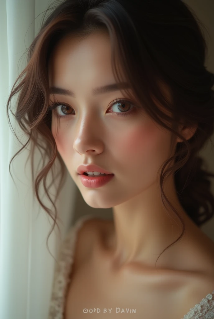 A woman&#39;s face , skin fair, clear eyes, medium long hair, seductive but delicate and attractive face