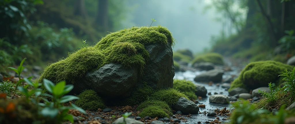 on a base rock with moss, bergamot, patchouli and cinnamon behind with dark light