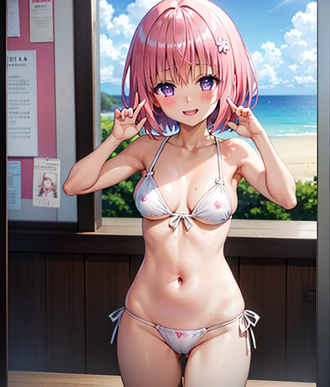 (Highest quality), (masterpiece), high resolution, Portraiture, close,Beach、Micro Bikini Solo, momo velia deviluke, Sexy Pose、hair ornaments, Bobcut, Short Hair Pink Hair, Purple eyes, Big Breasts, , , (blush:1.2), smile,smile、Open your mouth