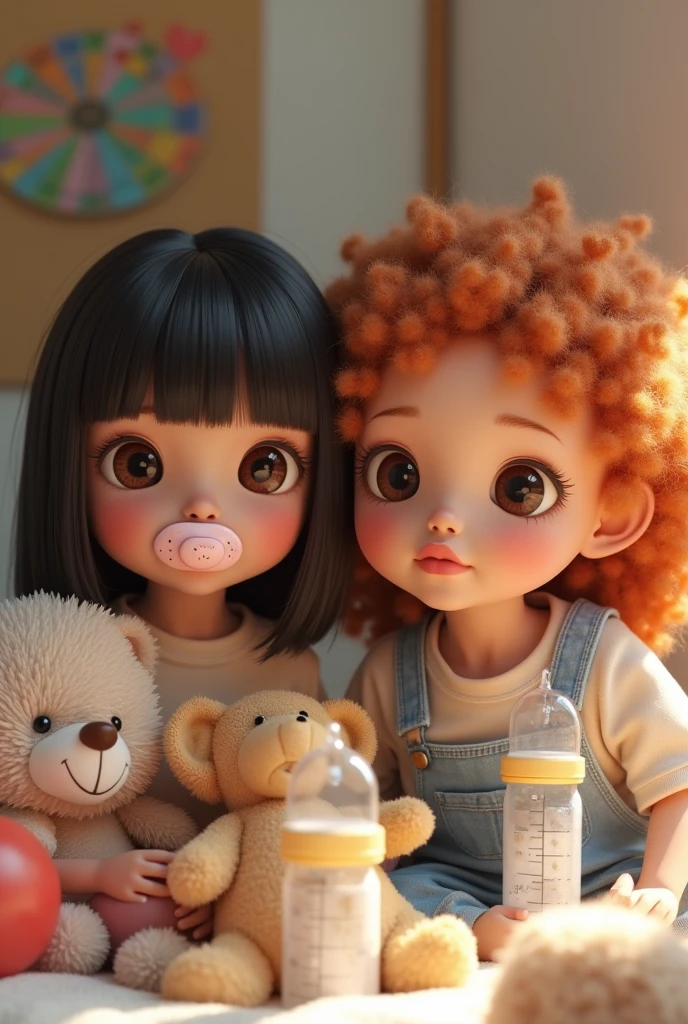 Create two girls, one with black hair and one with red hair, Make the one with black hair dark skin with dark brown eyes and the one with light red hair and curly hair with dark skin and dark brown eyes. Make them with a pacifier in their mouth and baby bottles next to Little Space age regression things and stuffed animals.