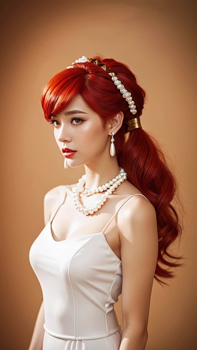 ((masterpiece, Best Quality)),(complex lighting) ,Whole body, Alone, Wilma Flintstone, Red hair, Horse tail, White dress, Pearl Necklace, lipstick,