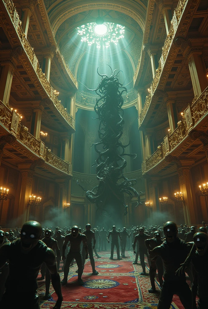 there are many people walking down the street in front of a giant alien, in metal hurlant, inspired by Adolf Fényes, in screenshot from the 300 movie, many tentacles, inspired by Louis-Léopold Boilly, large gate, neobrutalist architecture, barriers --auto --s2