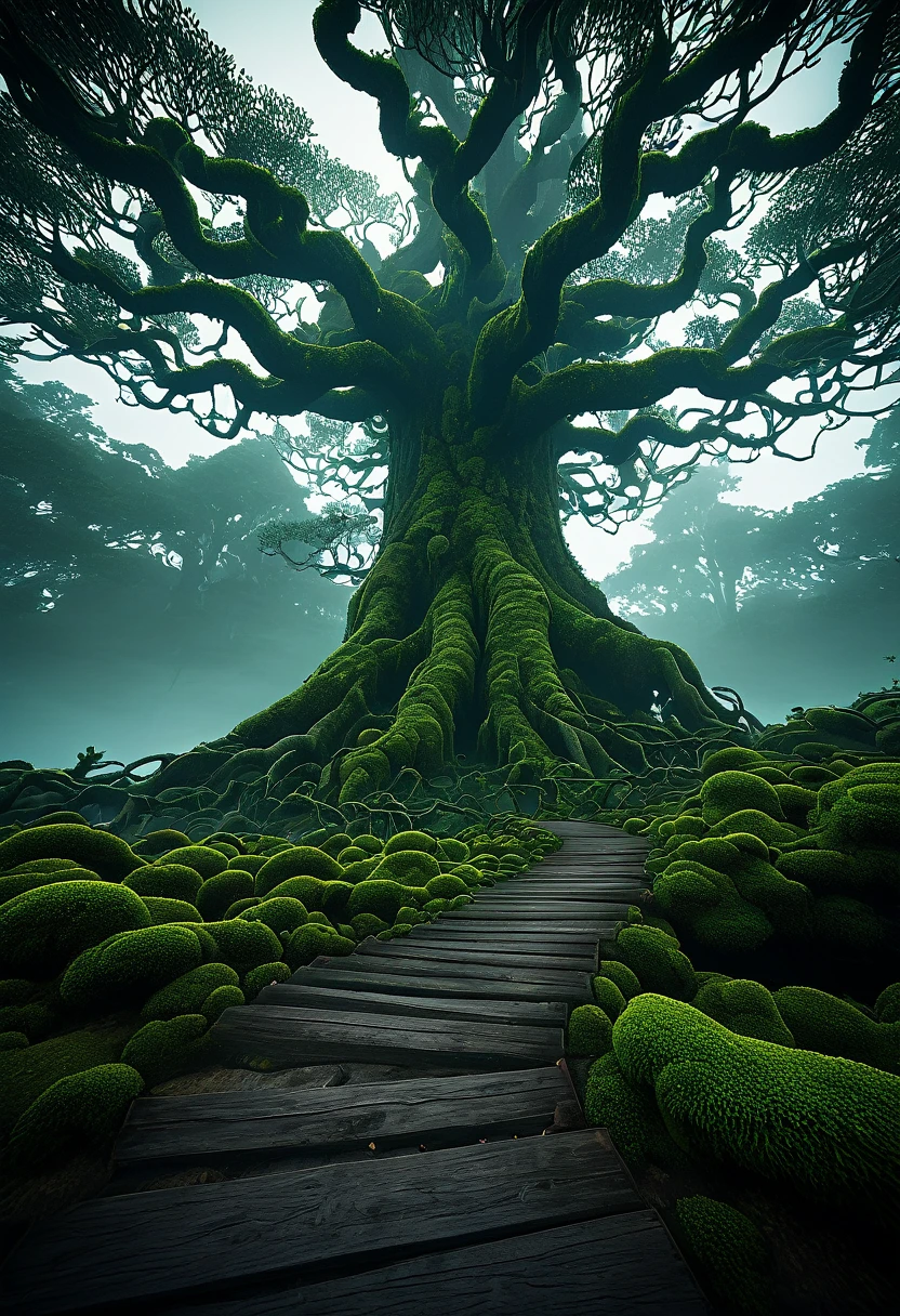 Highest quality, masterpiece, High resolution, landscape、Fantasy、(A forest ruled by a giant demonic tree)、moss、Swamp、fog、Shade、Wood Grain Tentacles、